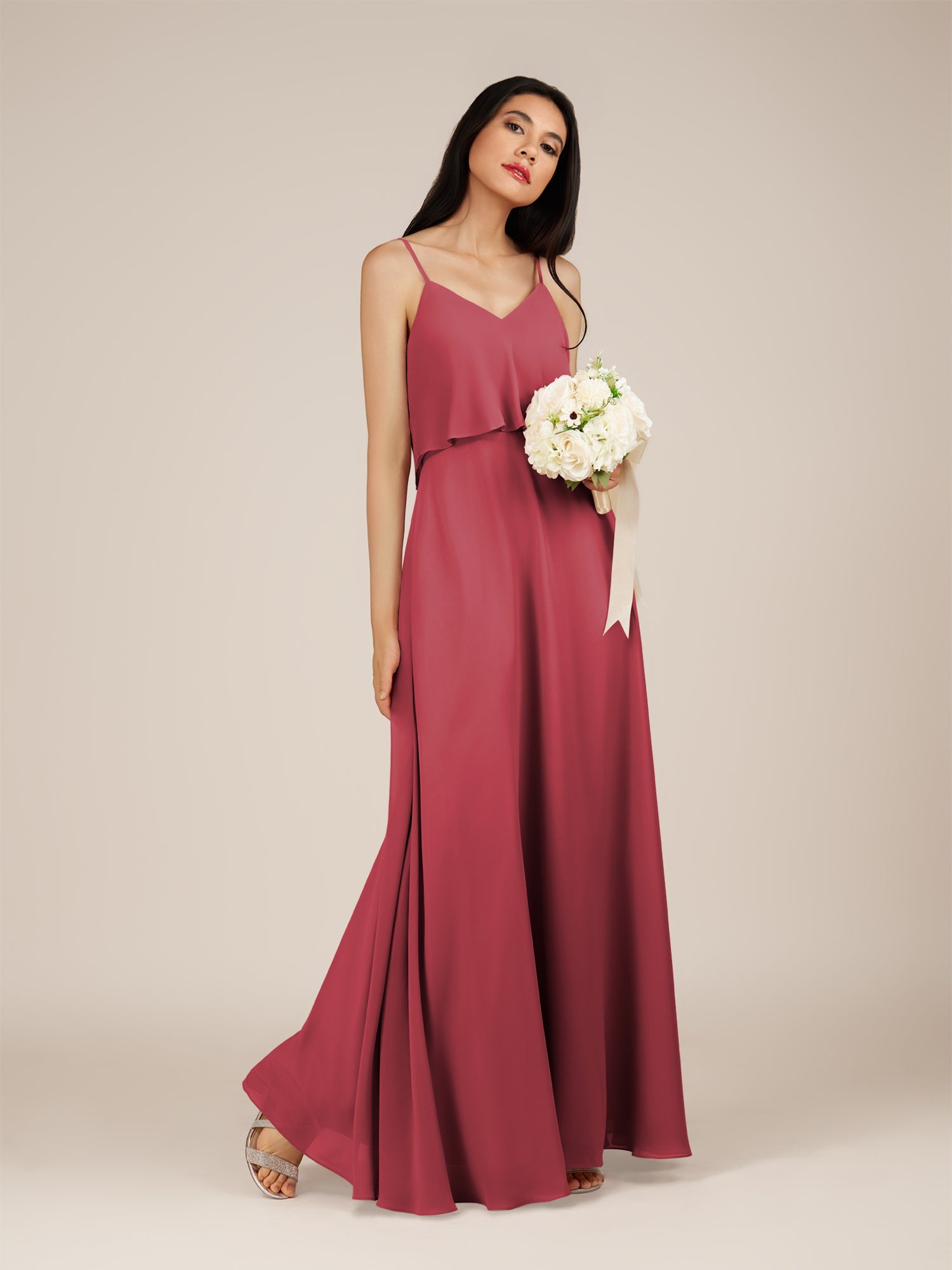 KissDress-Branwyn Merlot A Line V Neck Chiffon Long Bridesmaid Dress with Ruffles
