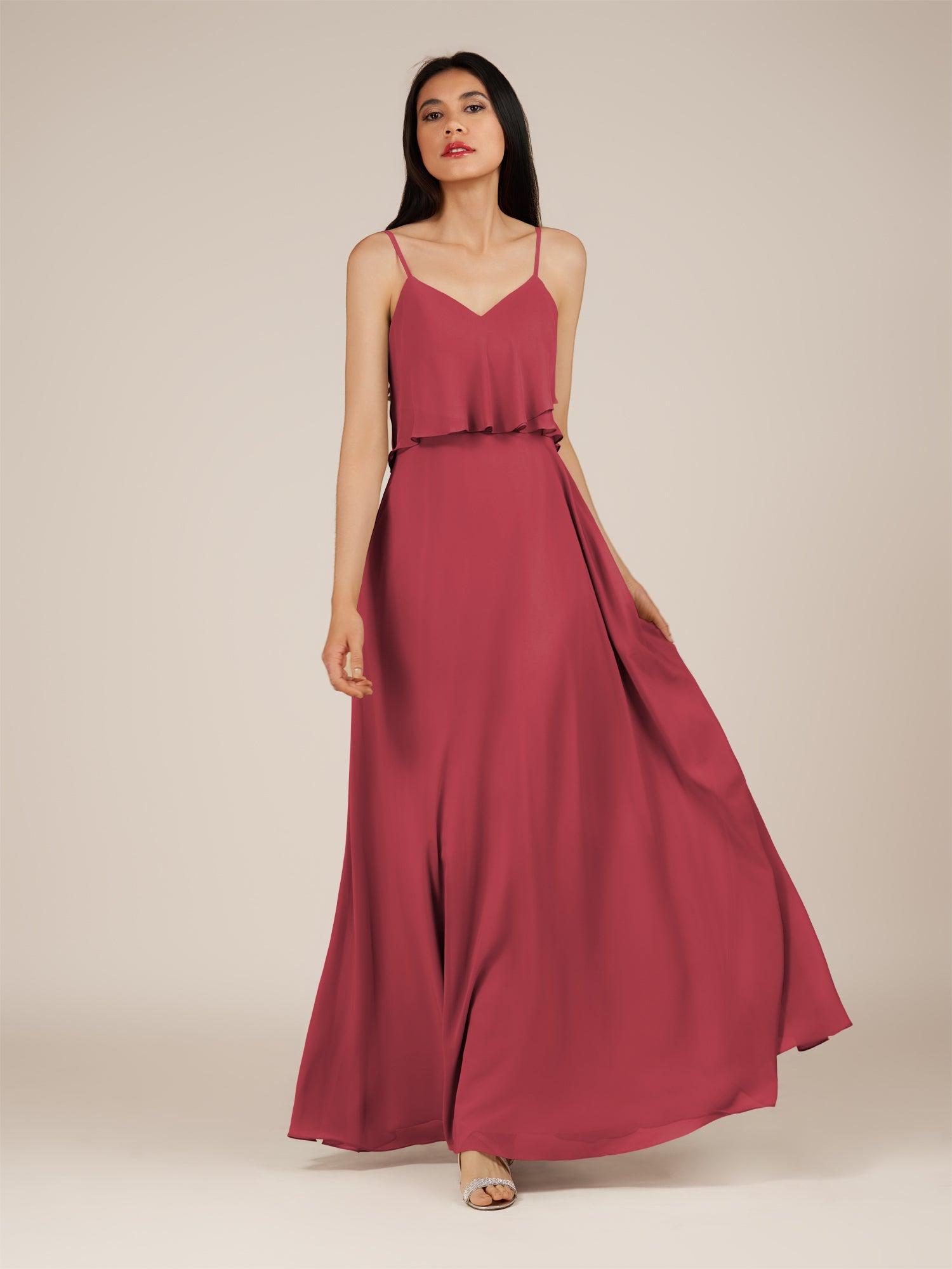 KissDress-Branwyn Merlot A Line V Neck Chiffon Long Bridesmaid Dress with Ruffles
