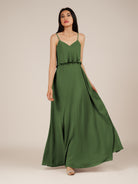 KissDress-Branwyn Moss A Line V Neck Chiffon Long Bridesmaid Dress with Ruffles