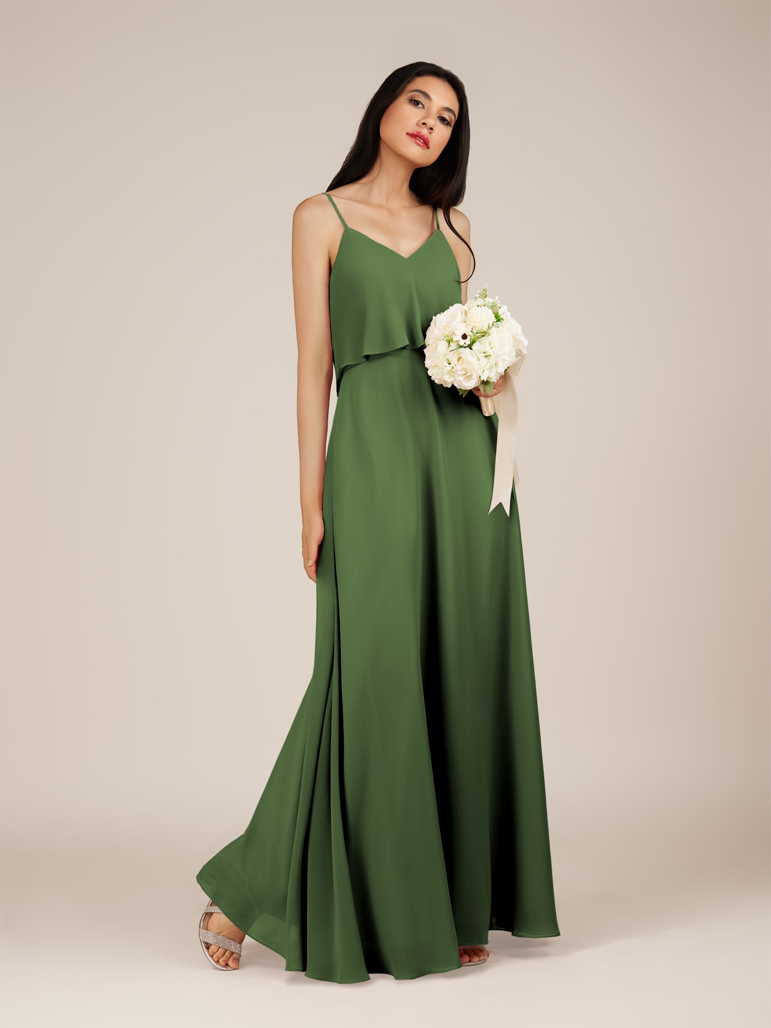 KissDress-Branwyn Moss A Line V Neck Chiffon Long Bridesmaid Dress with Ruffles