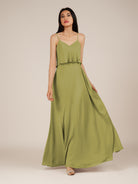 KissDress-Branwyn Moss Green A Line V Neck Chiffon Long Bridesmaid Dress with Ruffles