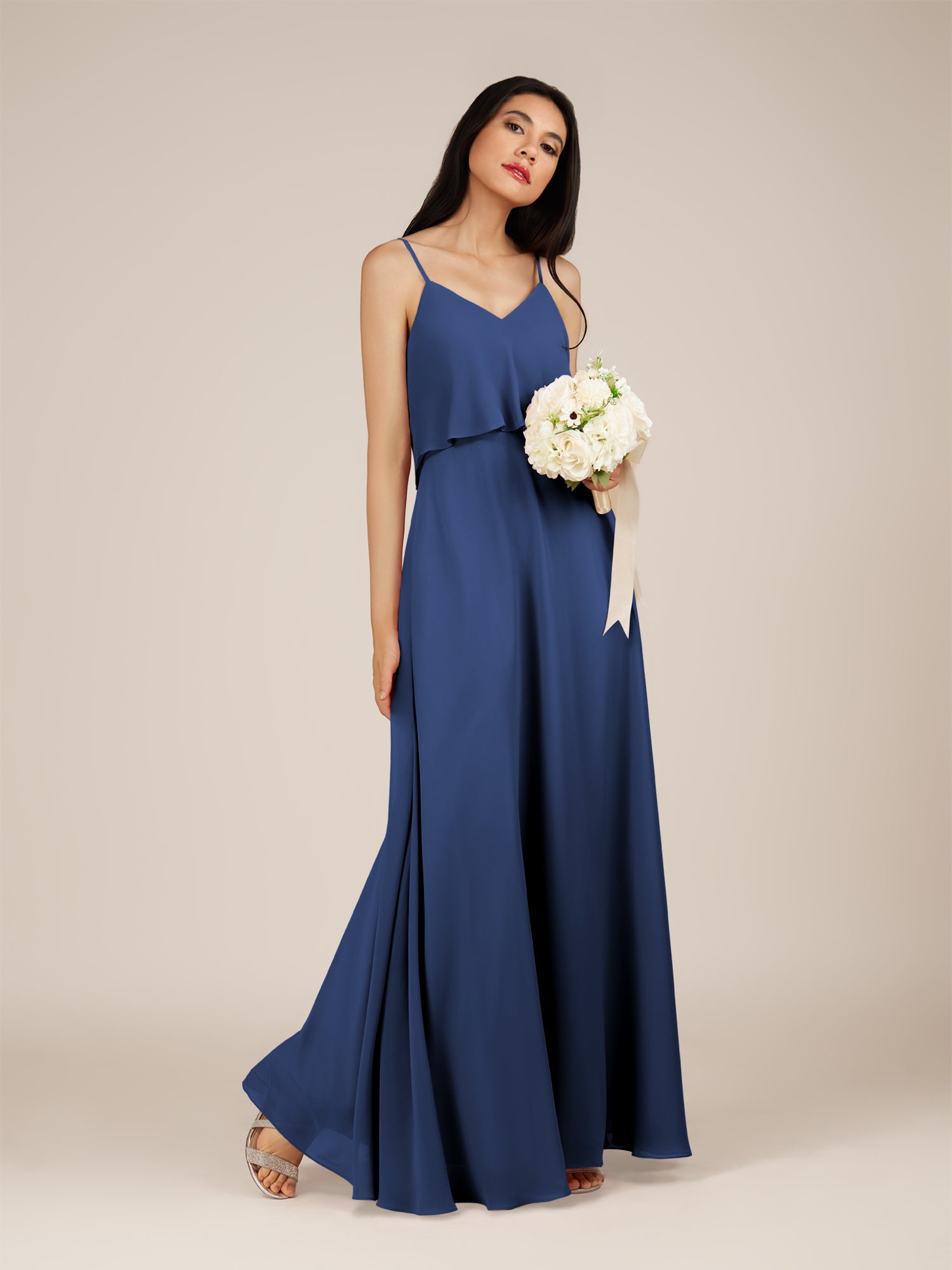 KissDress-Branwyn Navy A Line V Neck Chiffon Long Bridesmaid Dress with Ruffles