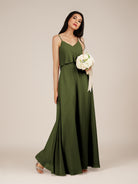 KissDress-Branwyn Olive A Line V Neck Chiffon Long Bridesmaid Dress with Ruffles