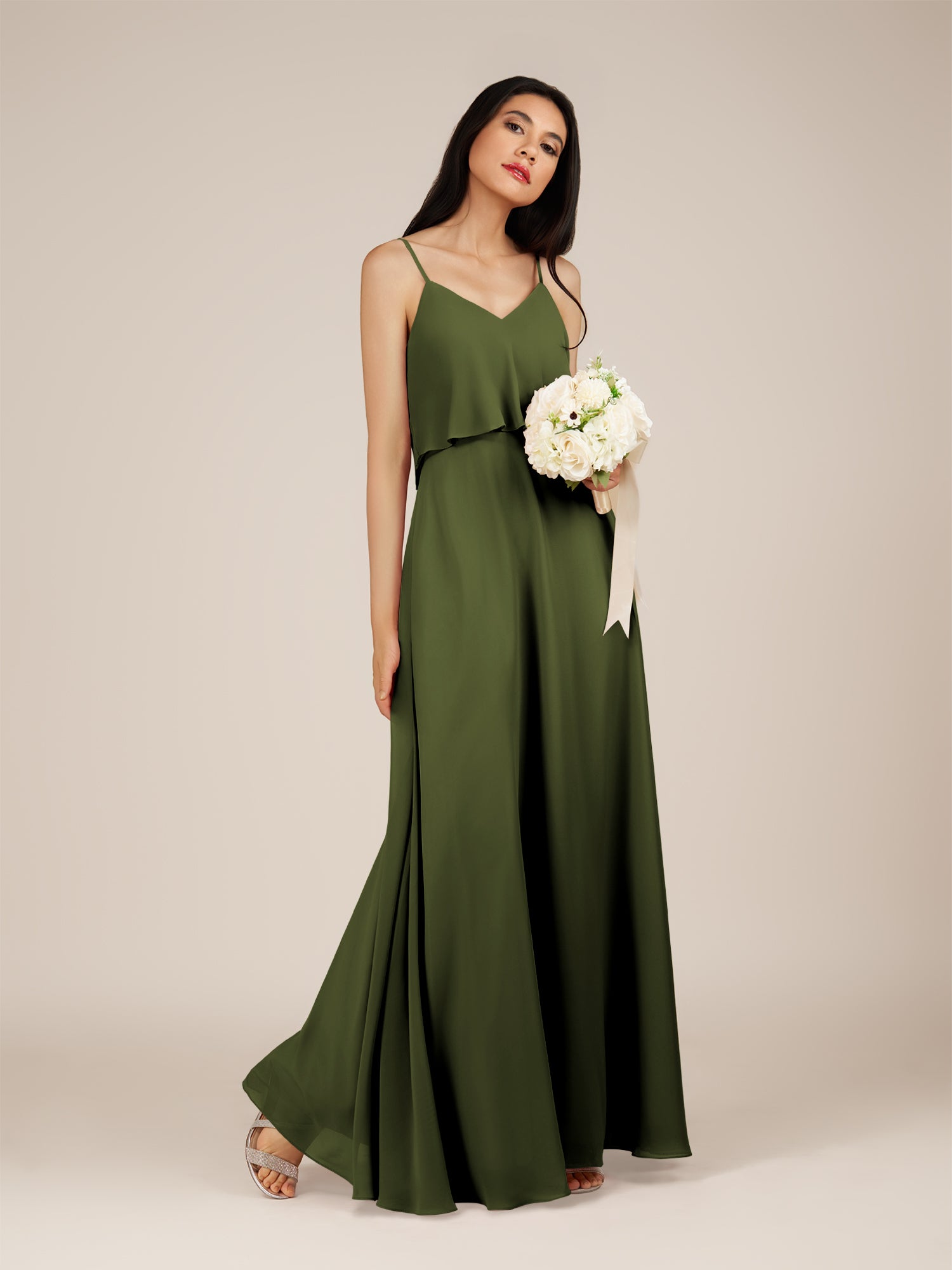 KissDress-Branwyn Olive A Line V Neck Chiffon Long Bridesmaid Dress with Ruffles