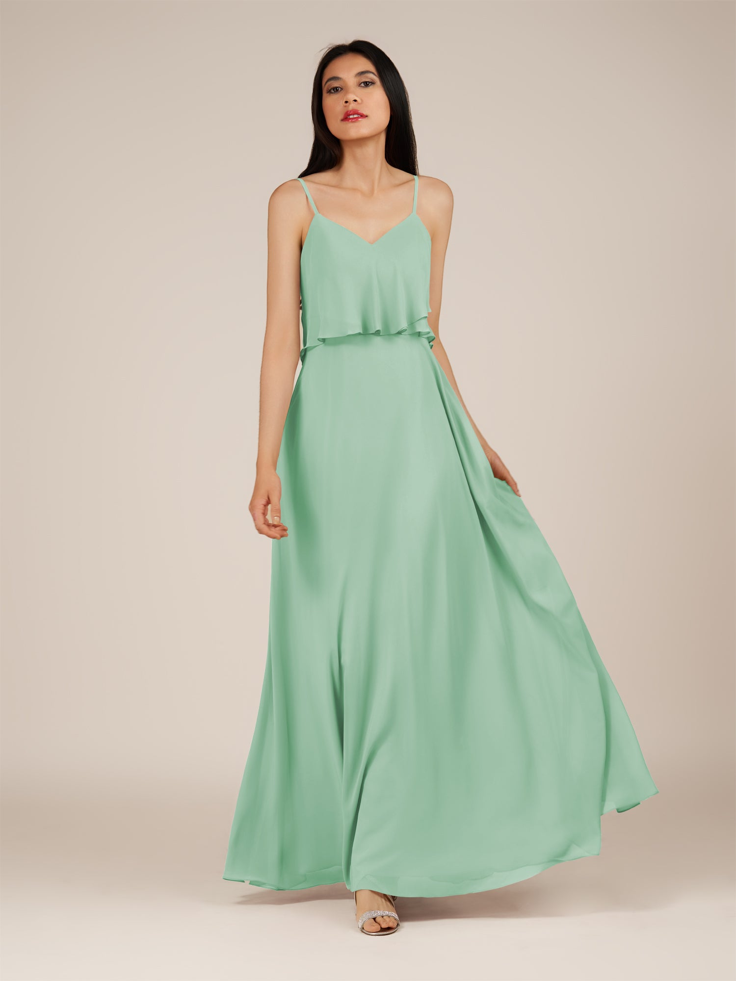 KissDress-Branwyn Pale Pistachio A Line V Neck Chiffon Long Bridesmaid Dress with Ruffles