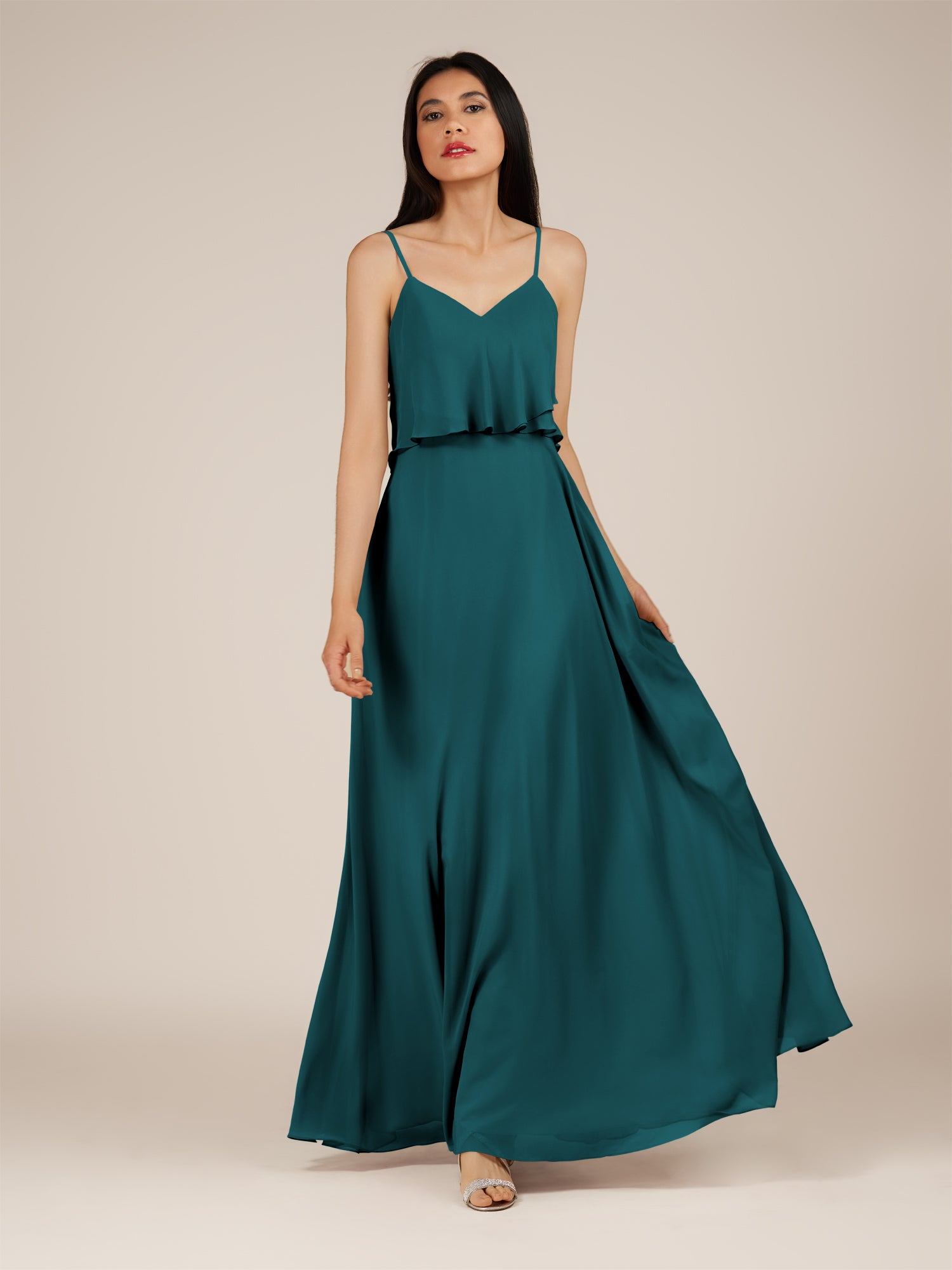 KissDress-Branwyn Pine A Line V Neck Chiffon Long Bridesmaid Dress with Ruffles