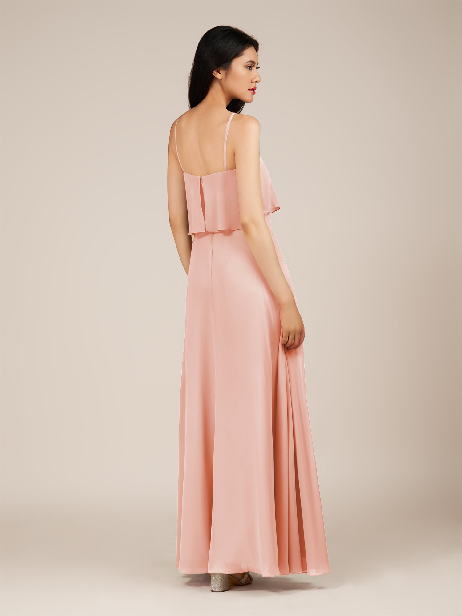 KissDress-Branwyn Rose Petal A Line V Neck Chiffon Long Bridesmaid Dress with Ruffles