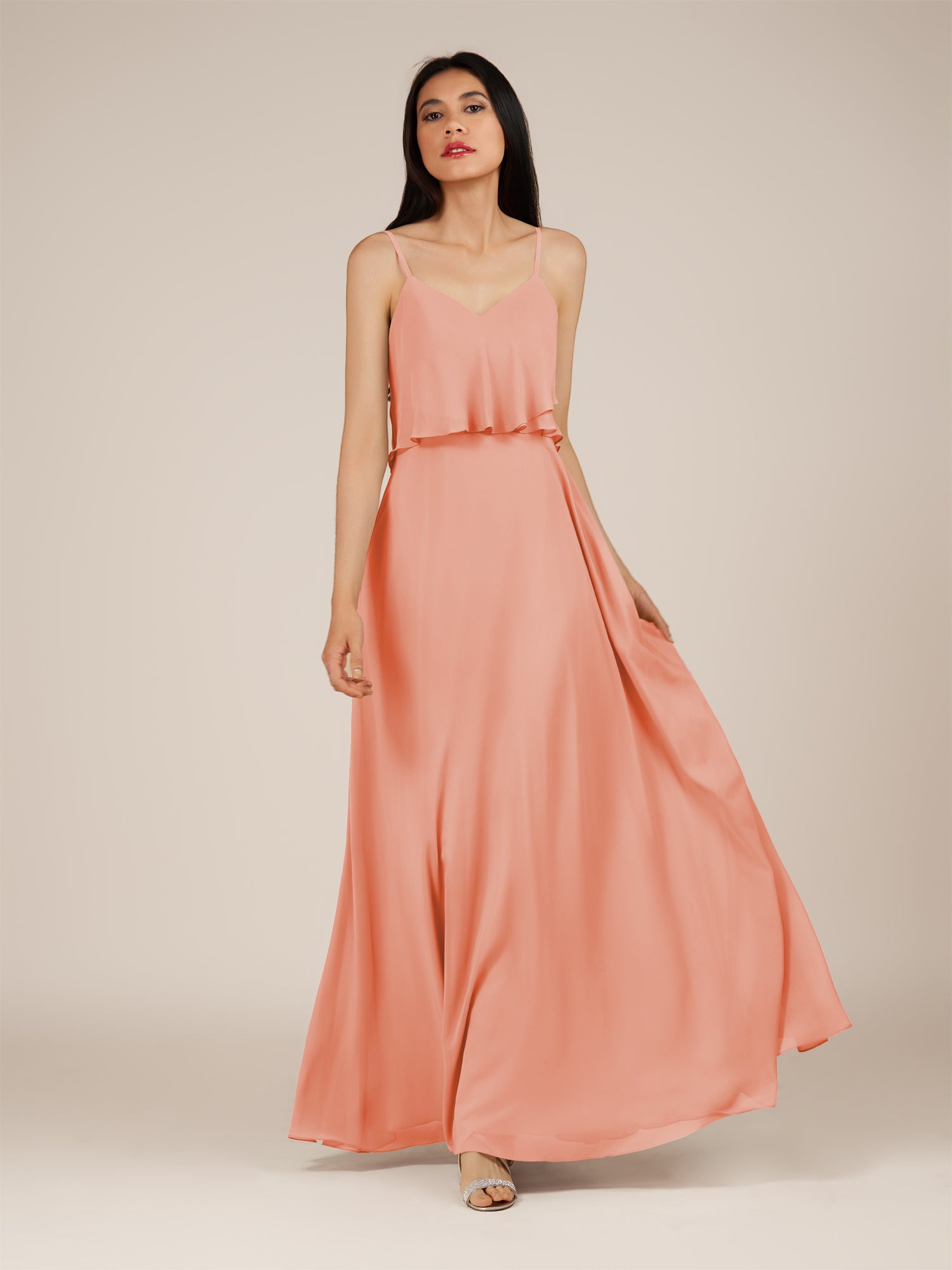 KissDress-Branwyn Rosette A Line V Neck Chiffon Long Bridesmaid Dress with Ruffles