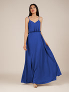 KissDress-Branwyn Royal Blue A Line V Neck Chiffon Long Bridesmaid Dress with Ruffles