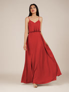 KissDress-Branwyn Ruby Red A Line V Neck Chiffon Long Bridesmaid Dress with Ruffles