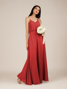 KissDress-Branwyn Ruby Red A Line V Neck Chiffon Long Bridesmaid Dress with Ruffles