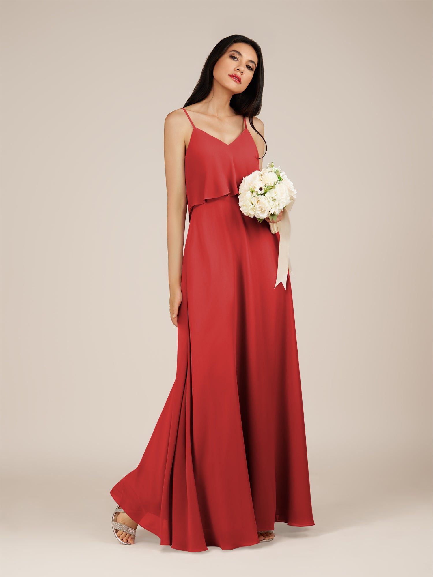 KissDress-Branwyn Ruby Red A Line V Neck Chiffon Long Bridesmaid Dress with Ruffles