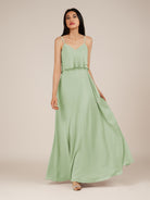 KissDress-Branwyn Sage A Line V Neck Chiffon Long Bridesmaid Dress with Ruffles