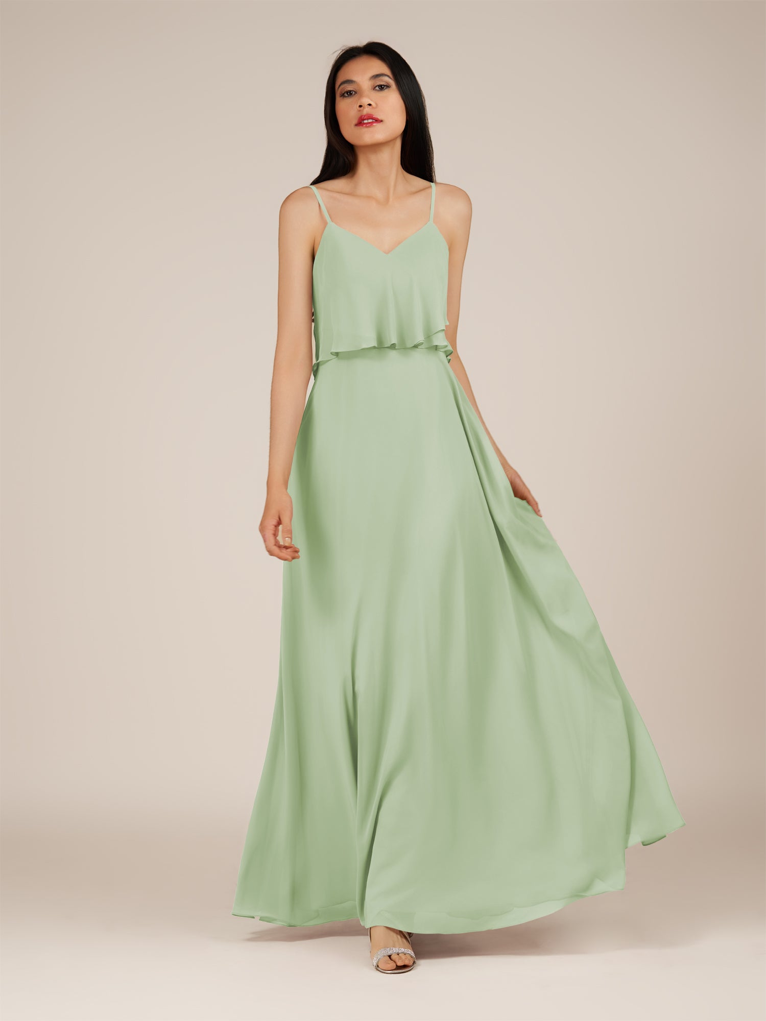 KissDress-Branwyn Sage A Line V Neck Chiffon Long Bridesmaid Dress with Ruffles