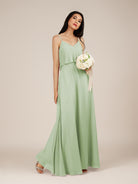 KissDress-Branwyn Sage A Line V Neck Chiffon Long Bridesmaid Dress with Ruffles