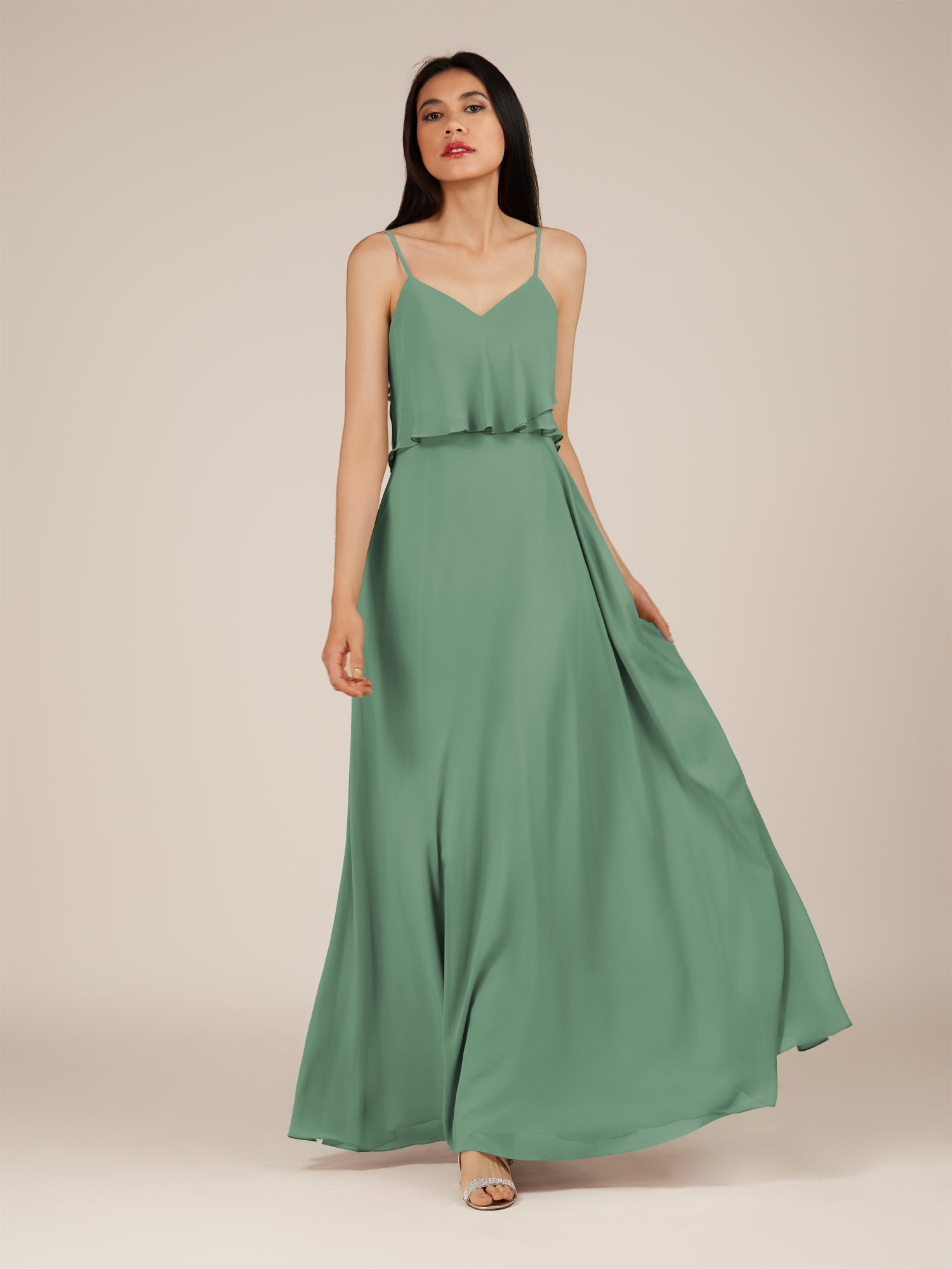 KissDress-Branwyn Sea Glass A Line V Neck Chiffon Long Bridesmaid Dress with Ruffles