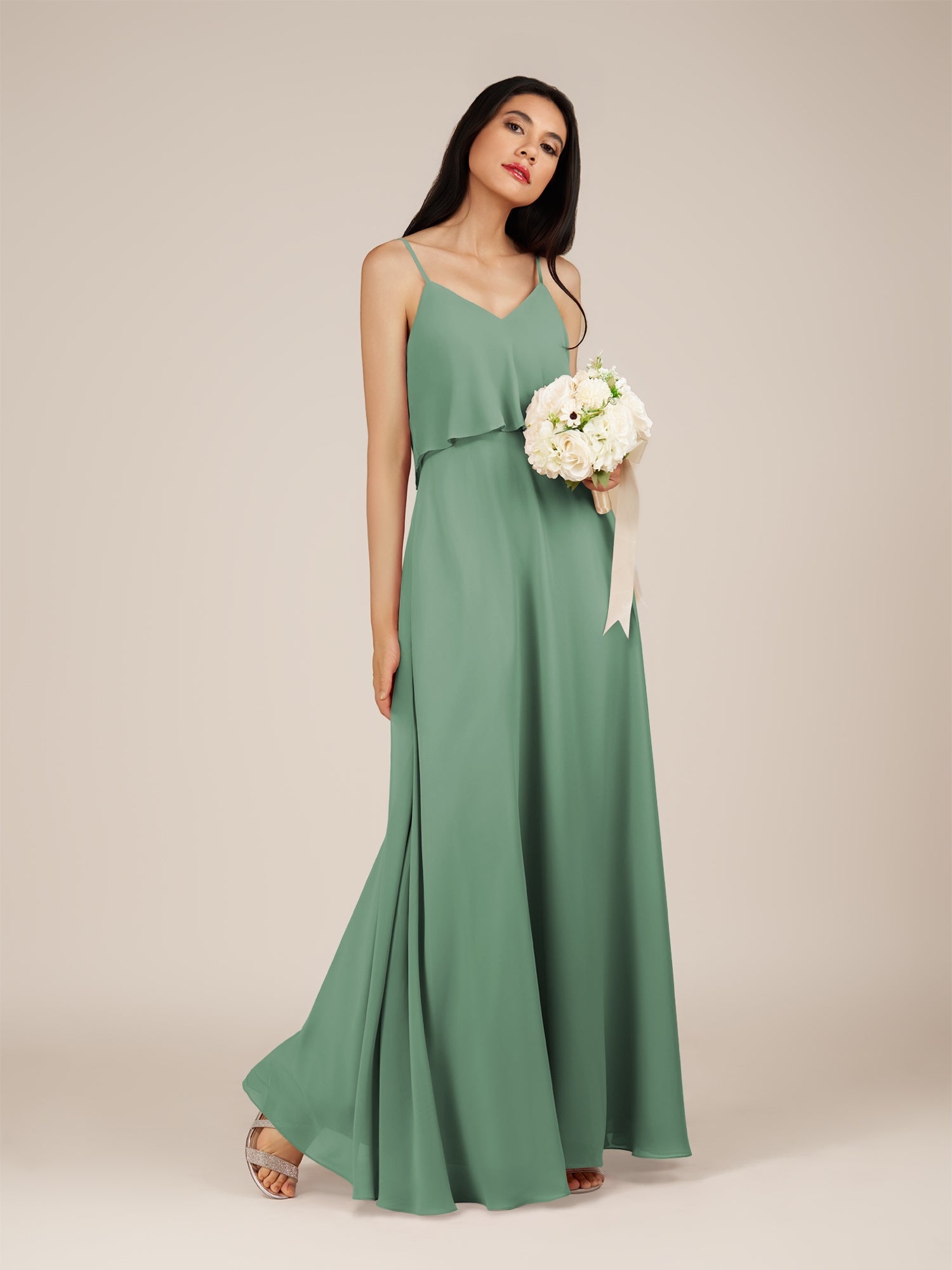 KissDress-Branwyn Sea Glass A Line V Neck Chiffon Long Bridesmaid Dress with Ruffles