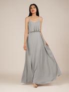 KissDress-Branwyn Silver A Line V Neck Chiffon Long Bridesmaid Dress with Ruffles