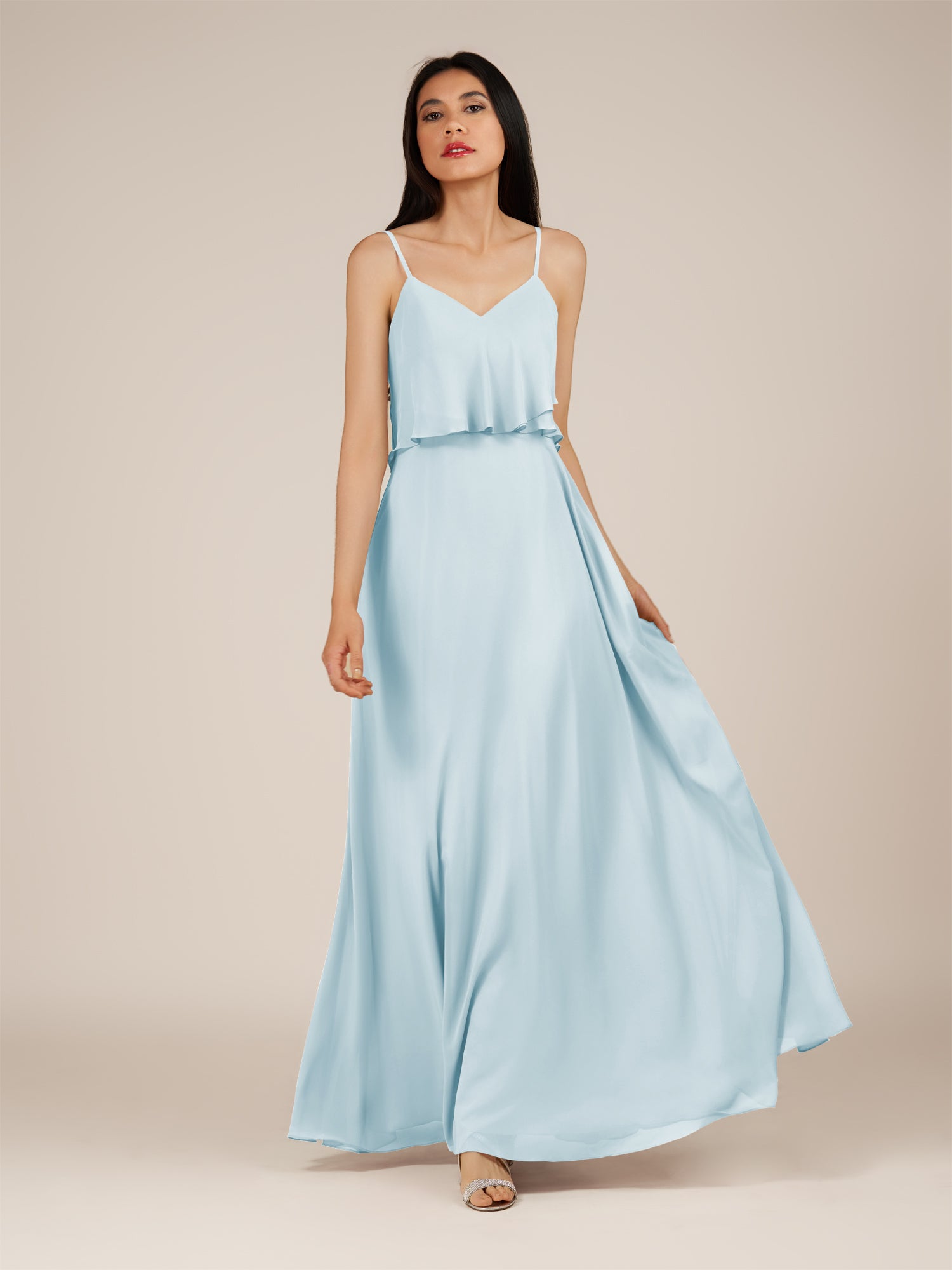 KissDress-Branwyn Sky Blue A Line V Neck Chiffon Long Bridesmaid Dress with Ruffles