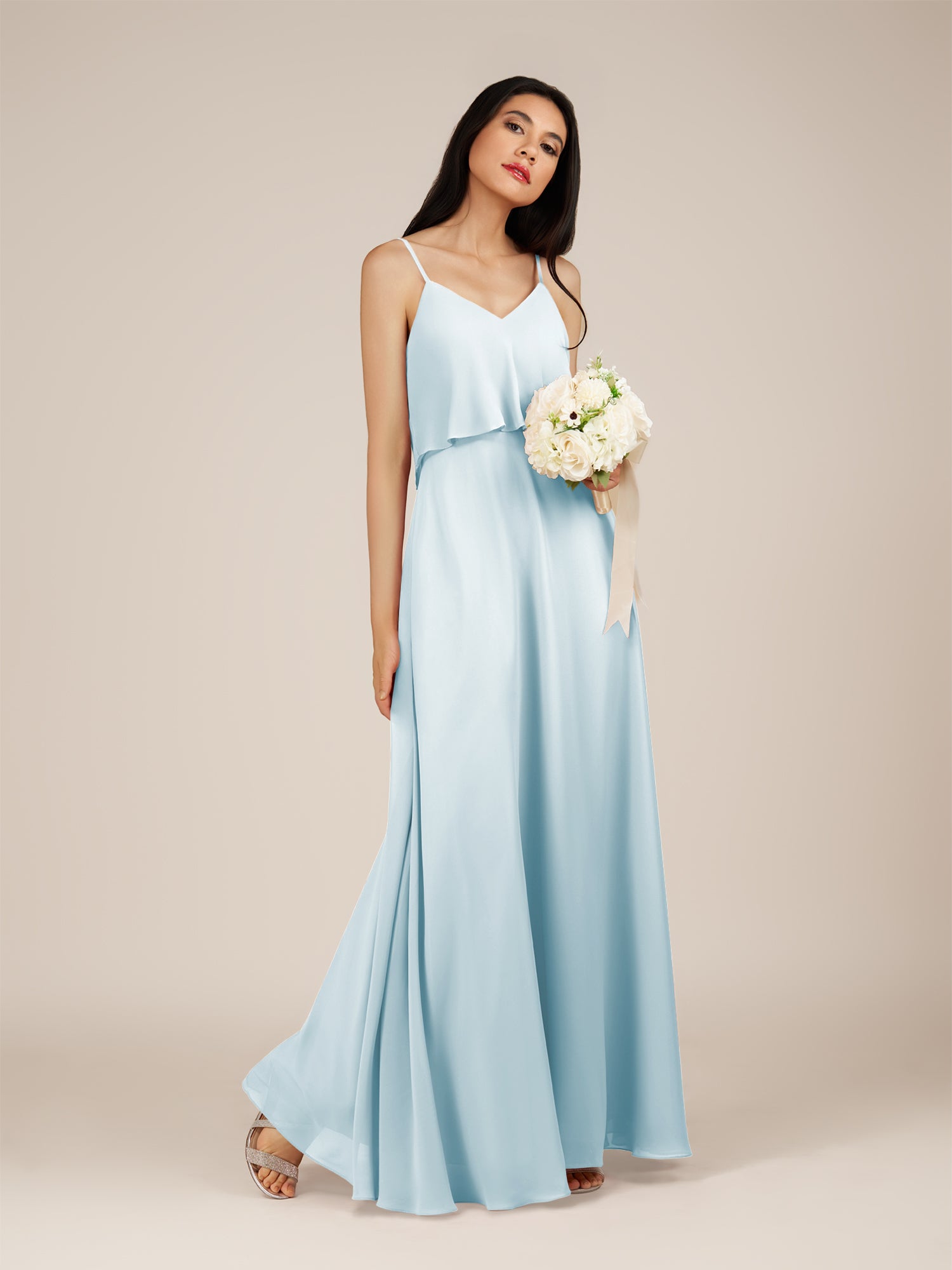 KissDress-Branwyn Sky Blue A Line V Neck Chiffon Long Bridesmaid Dress with Ruffles