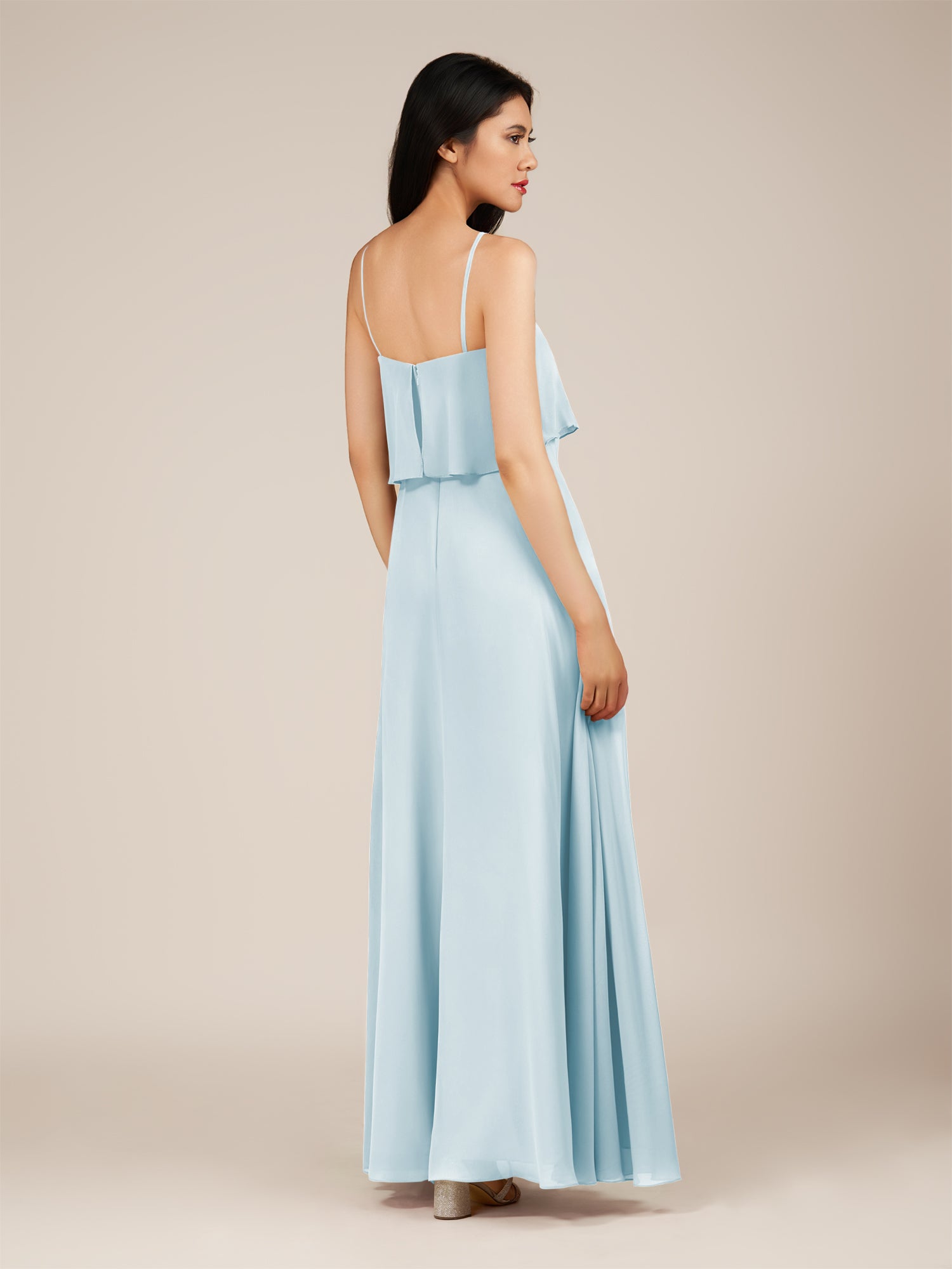 KissDress-Branwyn Sky Blue A Line V Neck Chiffon Long Bridesmaid Dress with Ruffles