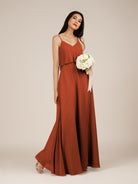 KissDress-Branwyn Spice A Line V Neck Chiffon Long Bridesmaid Dress with Ruffles