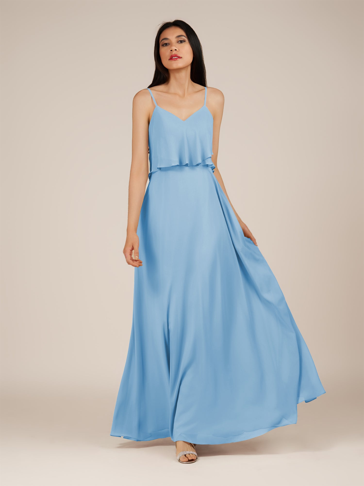 KissDress-Branwyn Steel Blue A Line V Neck Chiffon Long Bridesmaid Dress with Ruffles