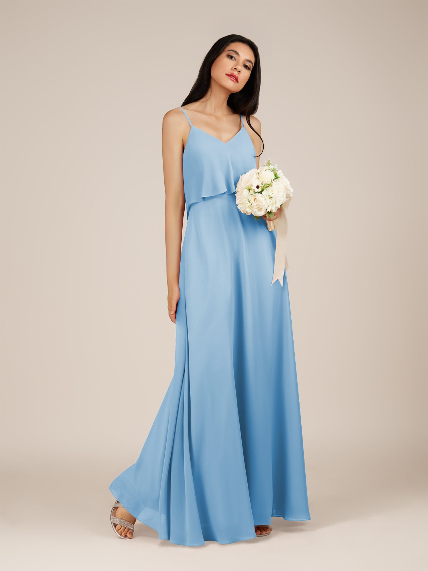 KissDress-Branwyn Steel Blue A Line V Neck Chiffon Long Bridesmaid Dress with Ruffles