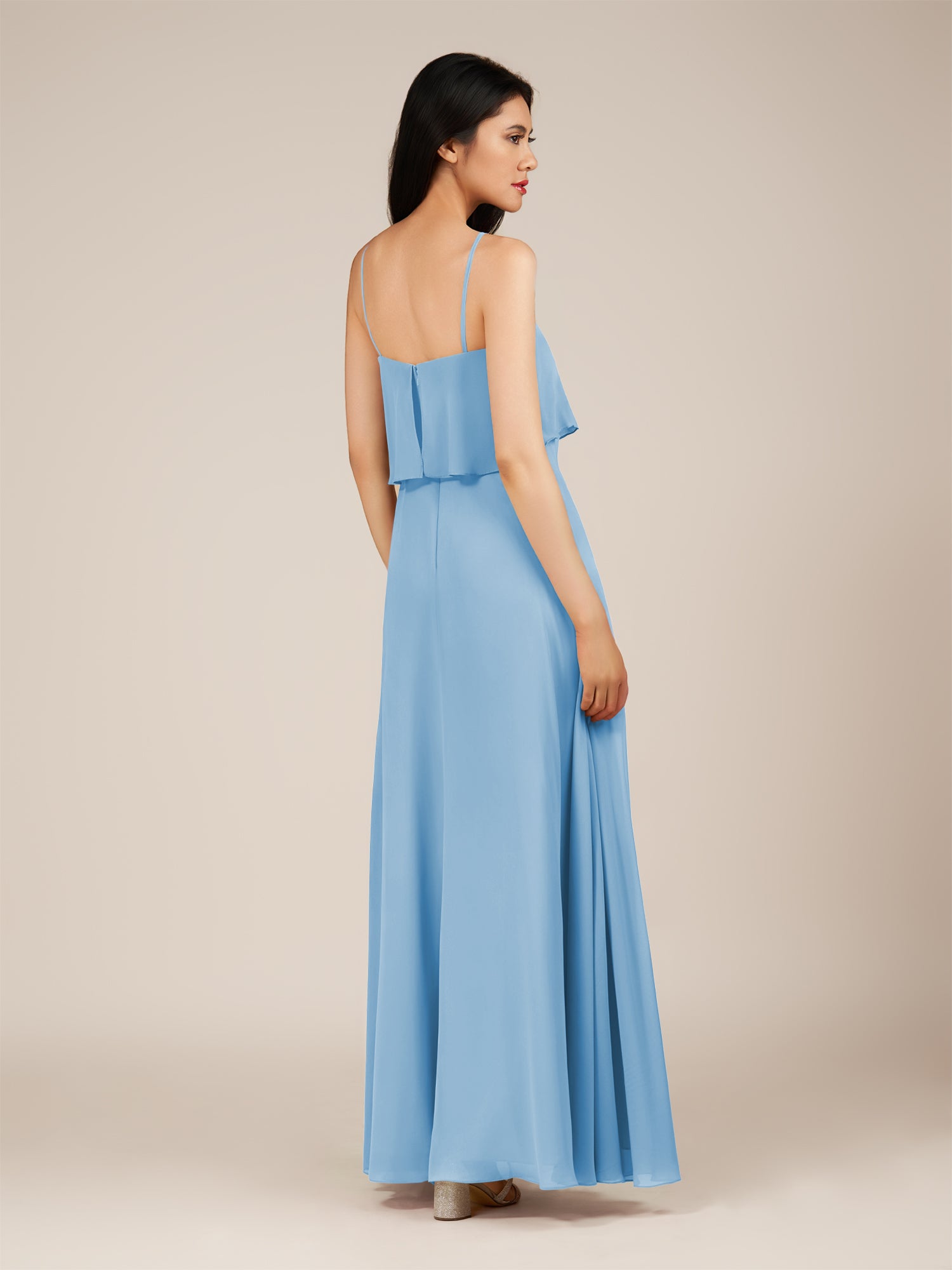 KissDress-Branwyn Steel Blue A Line V Neck Chiffon Long Bridesmaid Dress with Ruffles