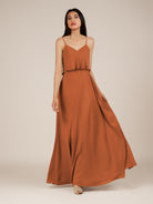 KissDress-Branwyn Terracotta A Line V Neck Chiffon Long Bridesmaid Dress with Ruffles