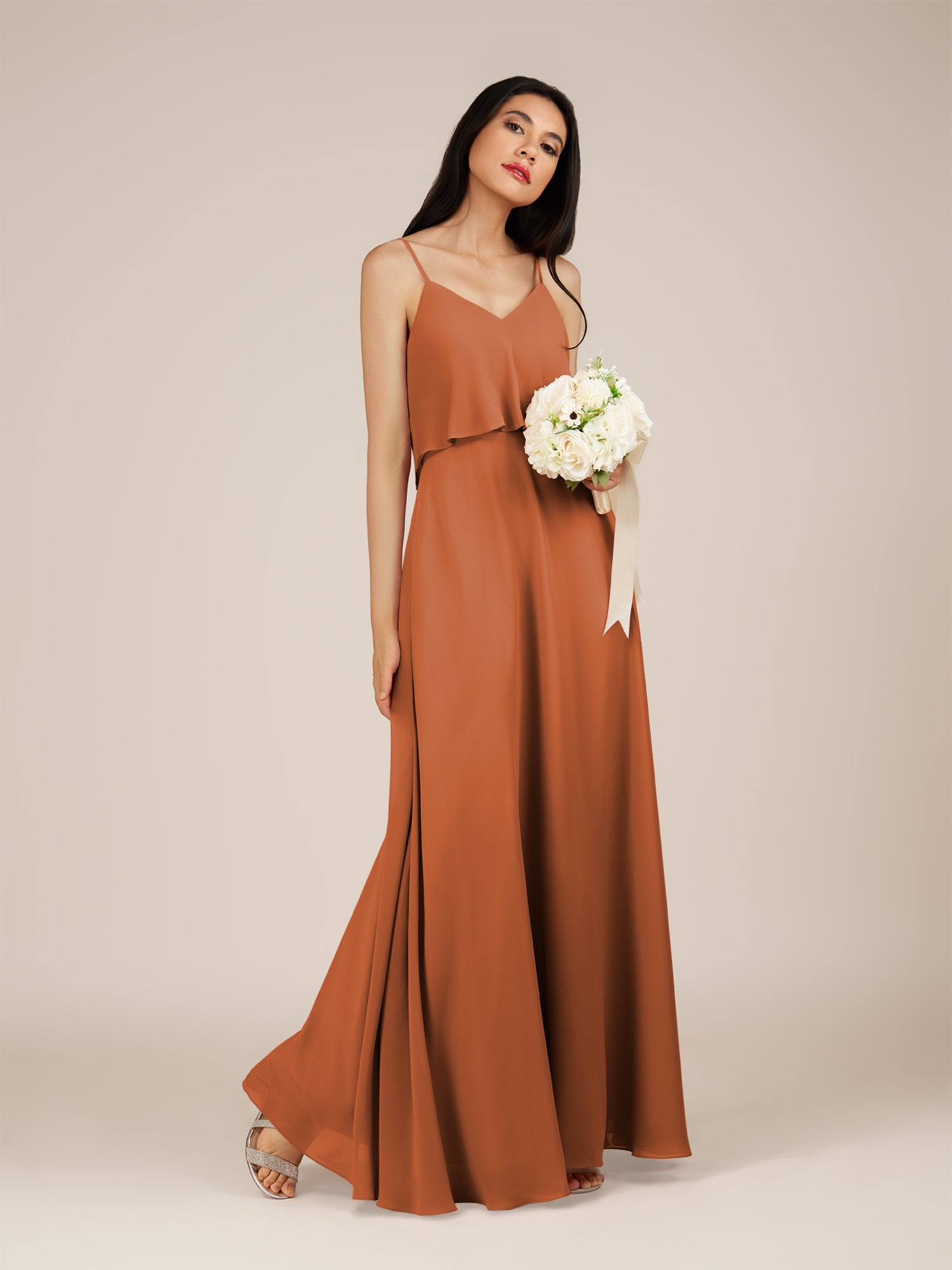 KissDress-Branwyn Terracotta A Line V Neck Chiffon Long Bridesmaid Dress with Ruffles