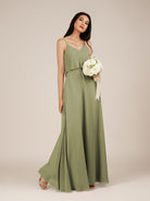 KissDress-Branwyn Thyme A Line V Neck Chiffon Long Bridesmaid Dress with Ruffles