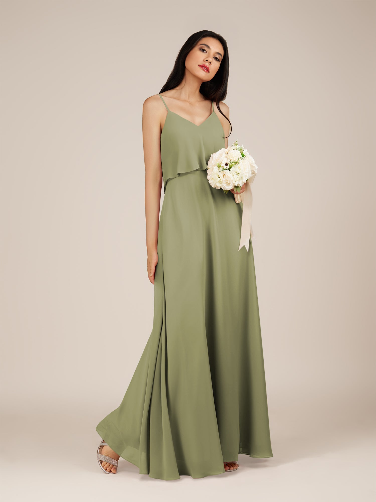 KissDress-Branwyn Thyme A Line V Neck Chiffon Long Bridesmaid Dress with Ruffles