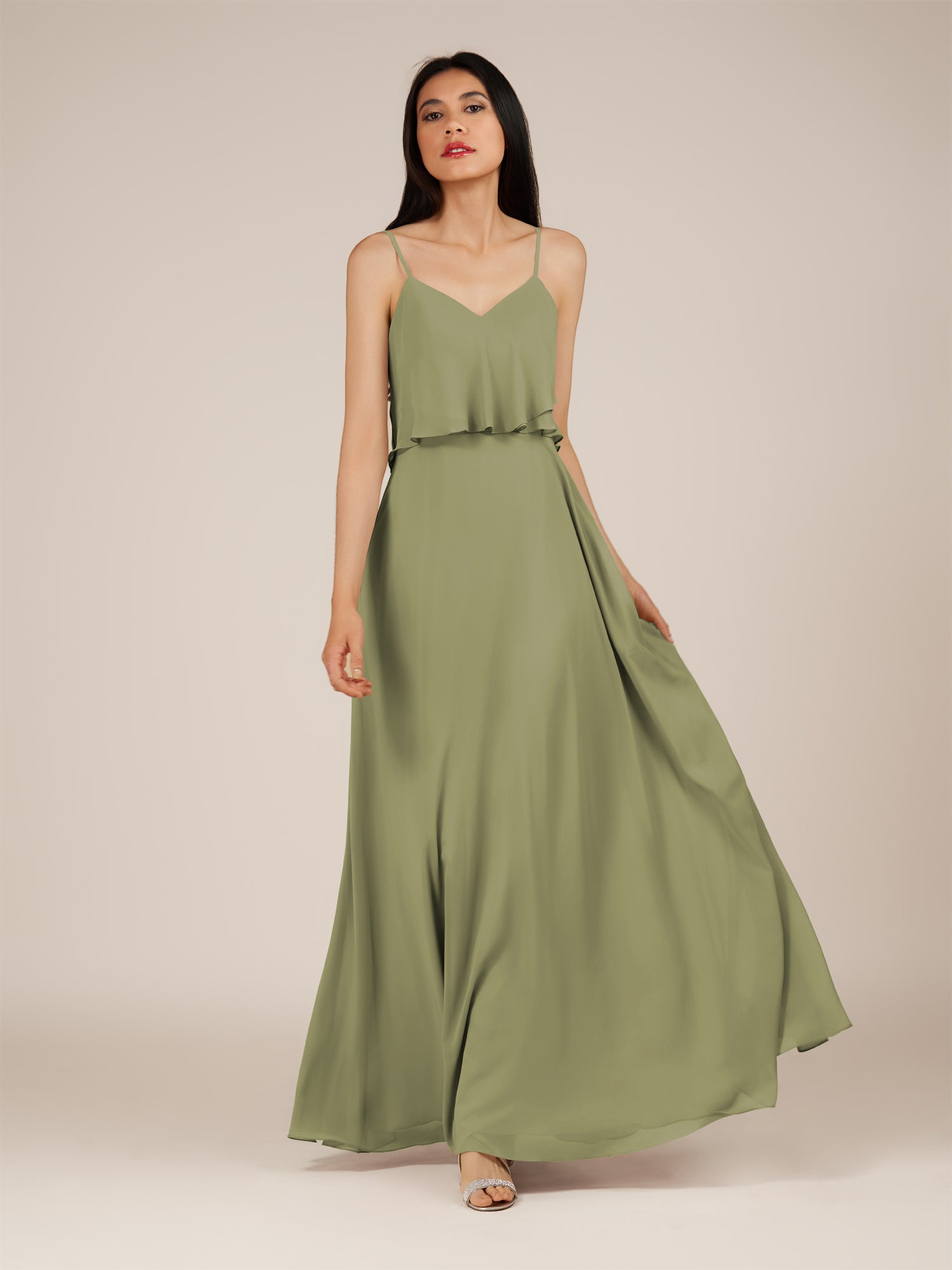 KissDress-Branwyn Thyme A Line V Neck Chiffon Long Bridesmaid Dress with Ruffles