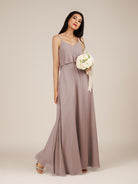 KissDress-Branwyn Toffee A Line V Neck Chiffon Long Bridesmaid Dress with Ruffles
