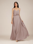 KissDress-Branwyn Toffee A Line V Neck Chiffon Long Bridesmaid Dress with Ruffles
