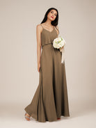 KissDress-Branwyn Willow Green A Line V Neck Chiffon Long Bridesmaid Dress with Ruffles