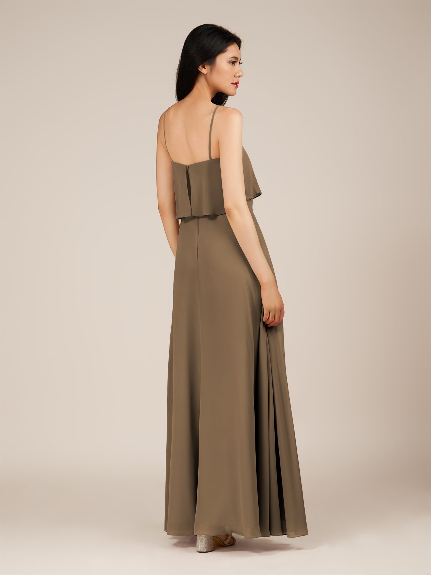KissDress-Branwyn Willow Green A Line V Neck Chiffon Long Bridesmaid Dress with Ruffles