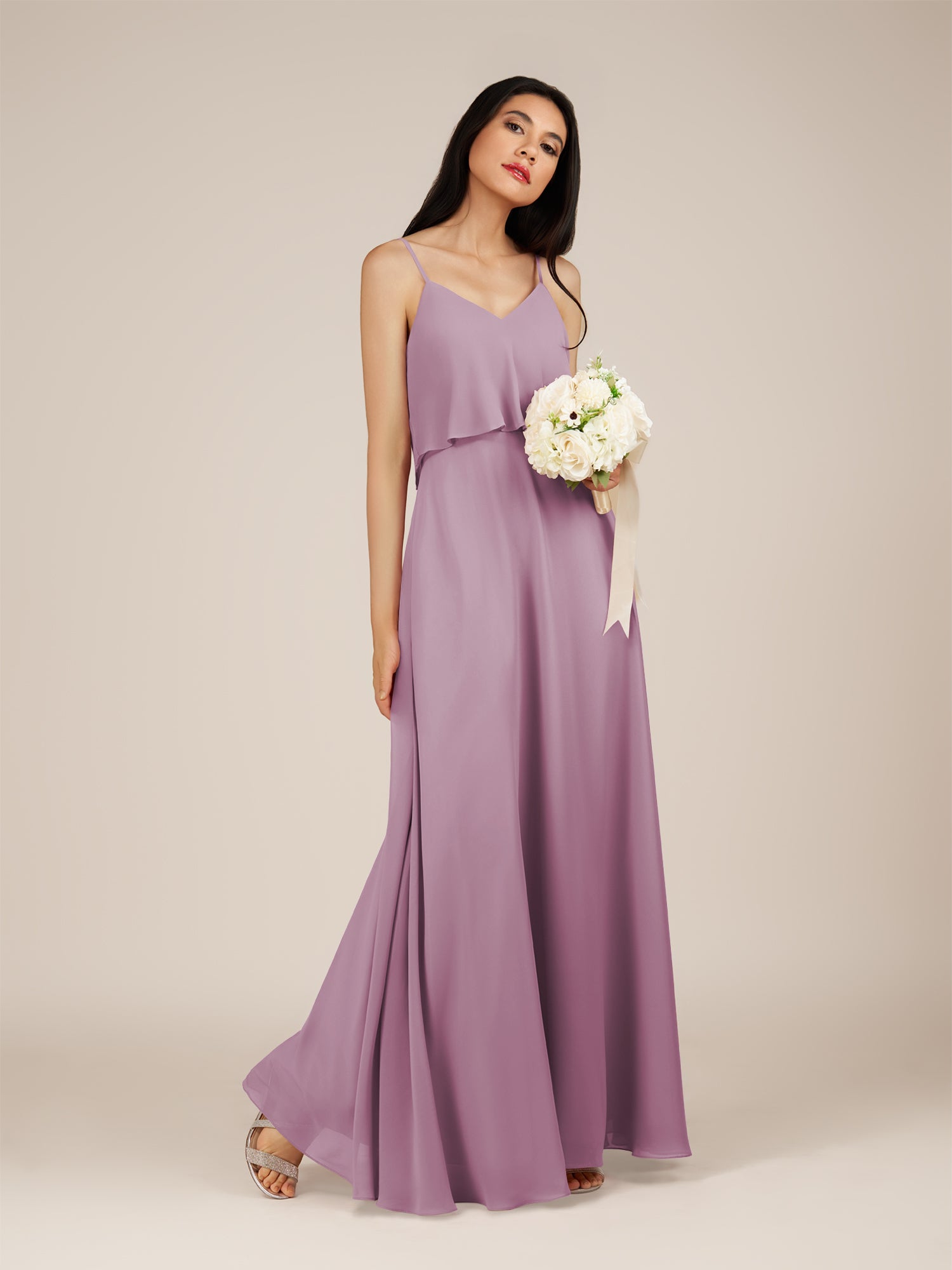 KissDress-Branwyn Wisteria A Line V Neck Chiffon Long Bridesmaid Dress with Ruffles