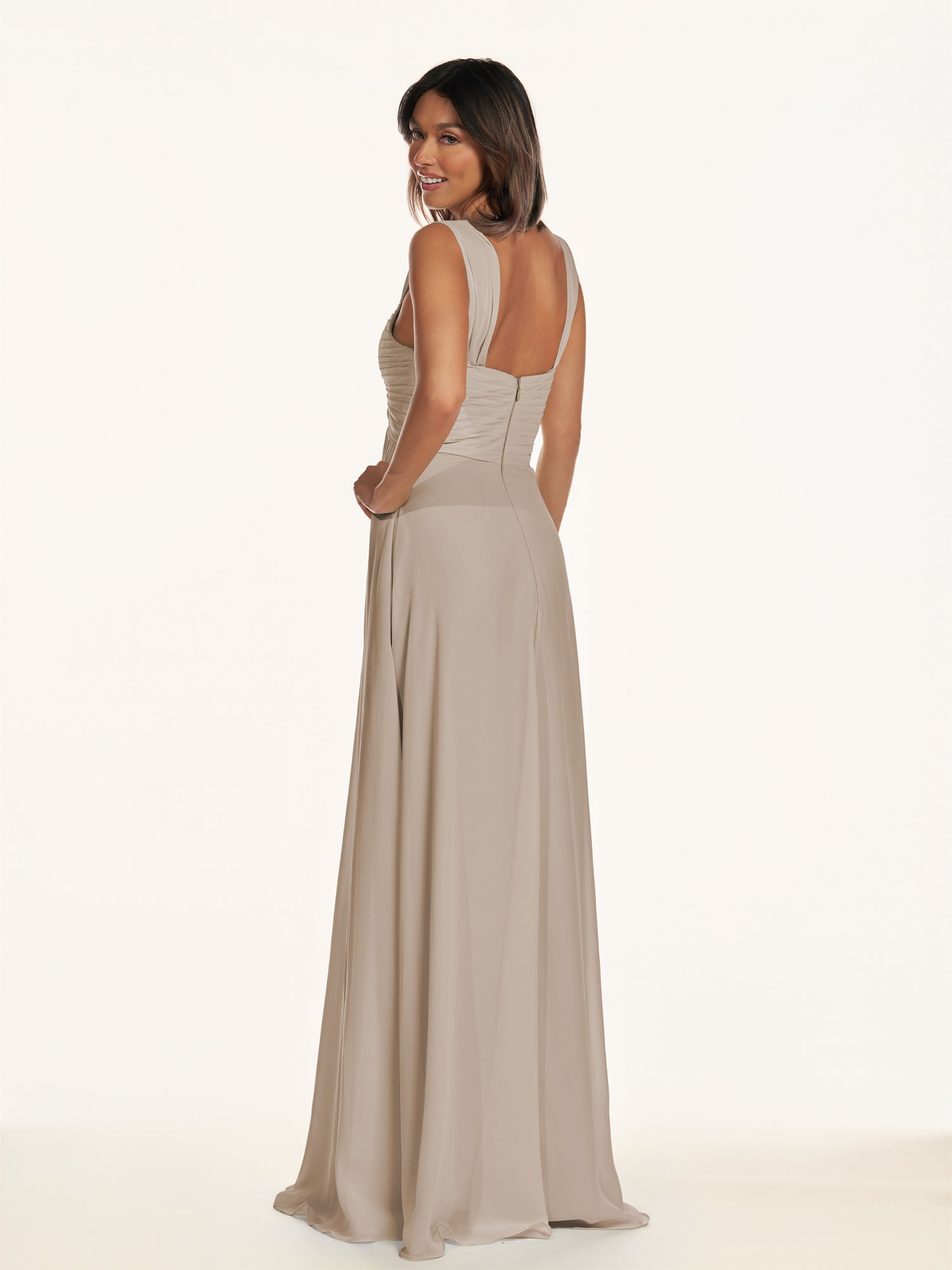 KissDress-Breona Almond A Line Chiffon Off the Shoulder Twisted Long Bridesmaid Dress