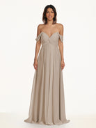 KissDress-Breona Almond A Line Chiffon Off the Shoulder Twisted Long Bridesmaid Dress