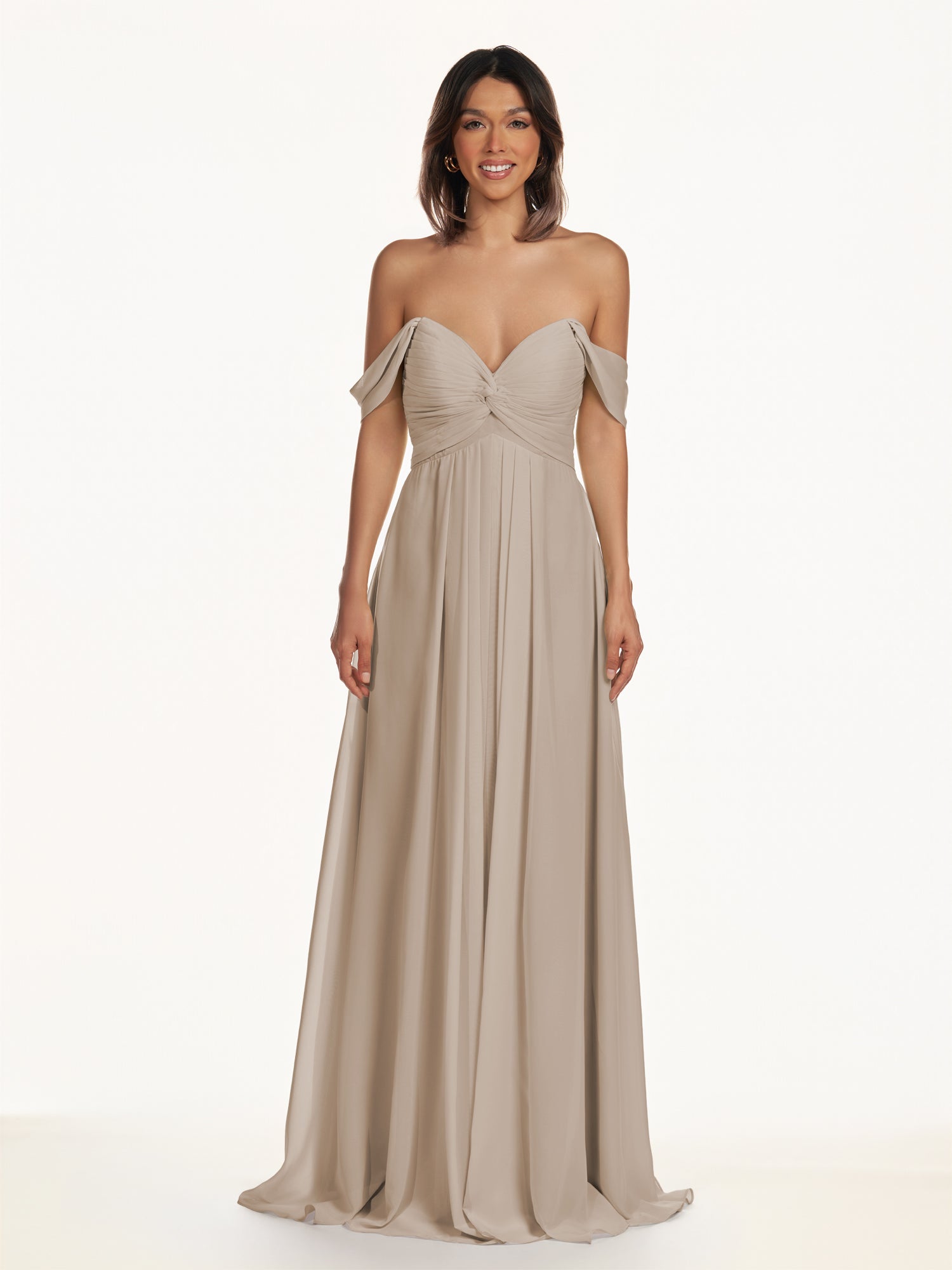 KissDress-Breona Almond A Line Chiffon Off the Shoulder Twisted Long Bridesmaid Dress