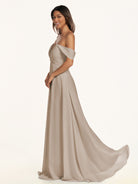 KissDress-Breona Almond A Line Chiffon Off the Shoulder Twisted Long Bridesmaid Dress