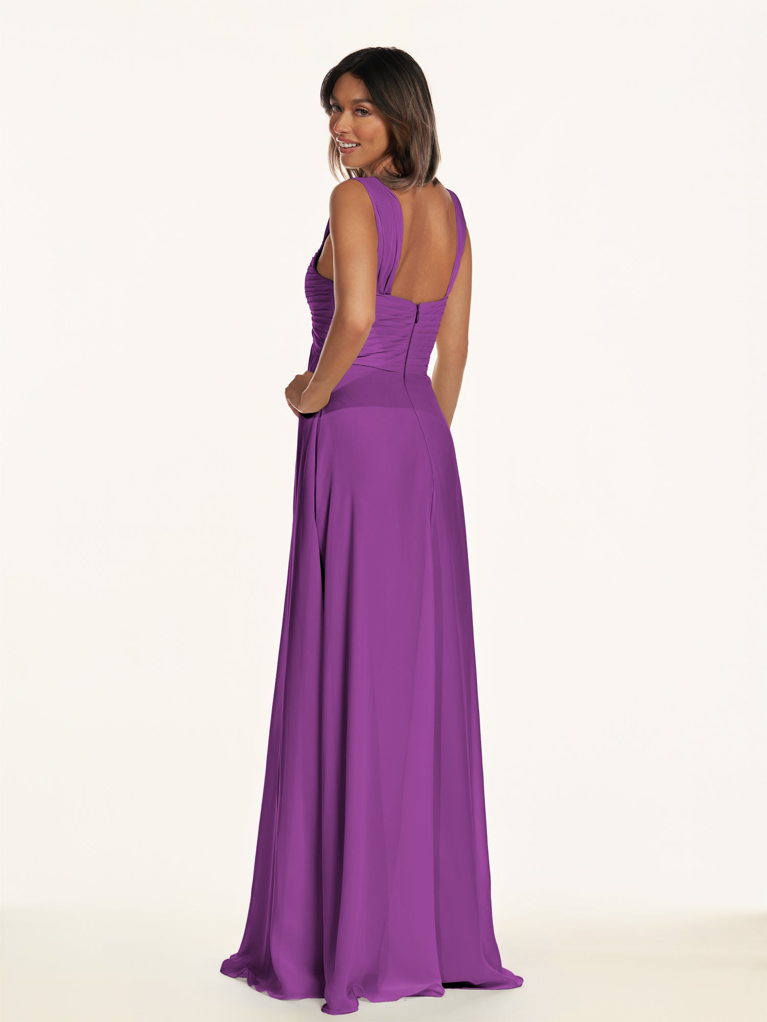 KissDress-Breona Amethyst A Line Chiffon Off the Shoulder Twisted Long Bridesmaid Dress