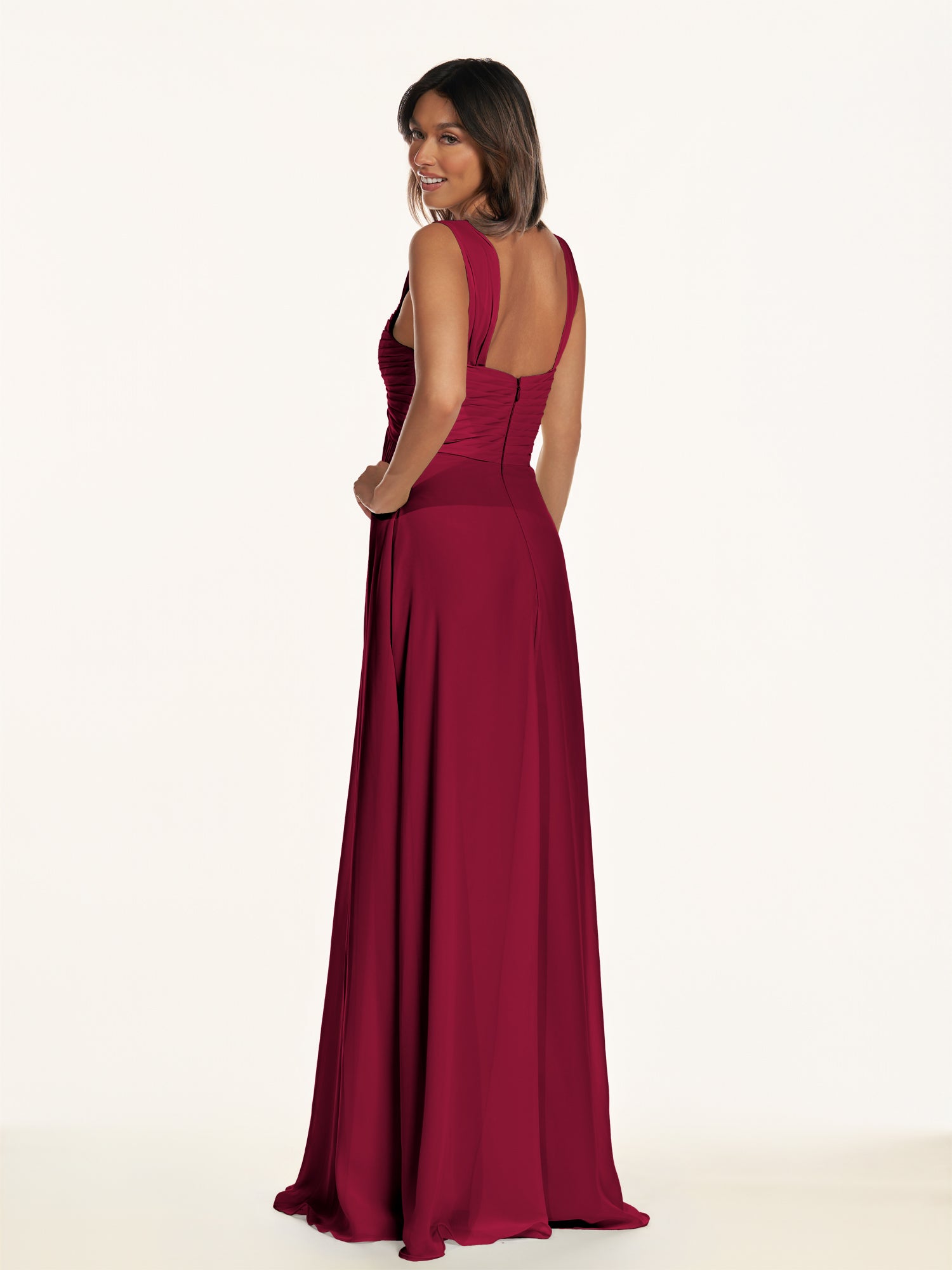KissDress-Breona Berry A Line Chiffon Off the Shoulder Twisted Long Bridesmaid Dress