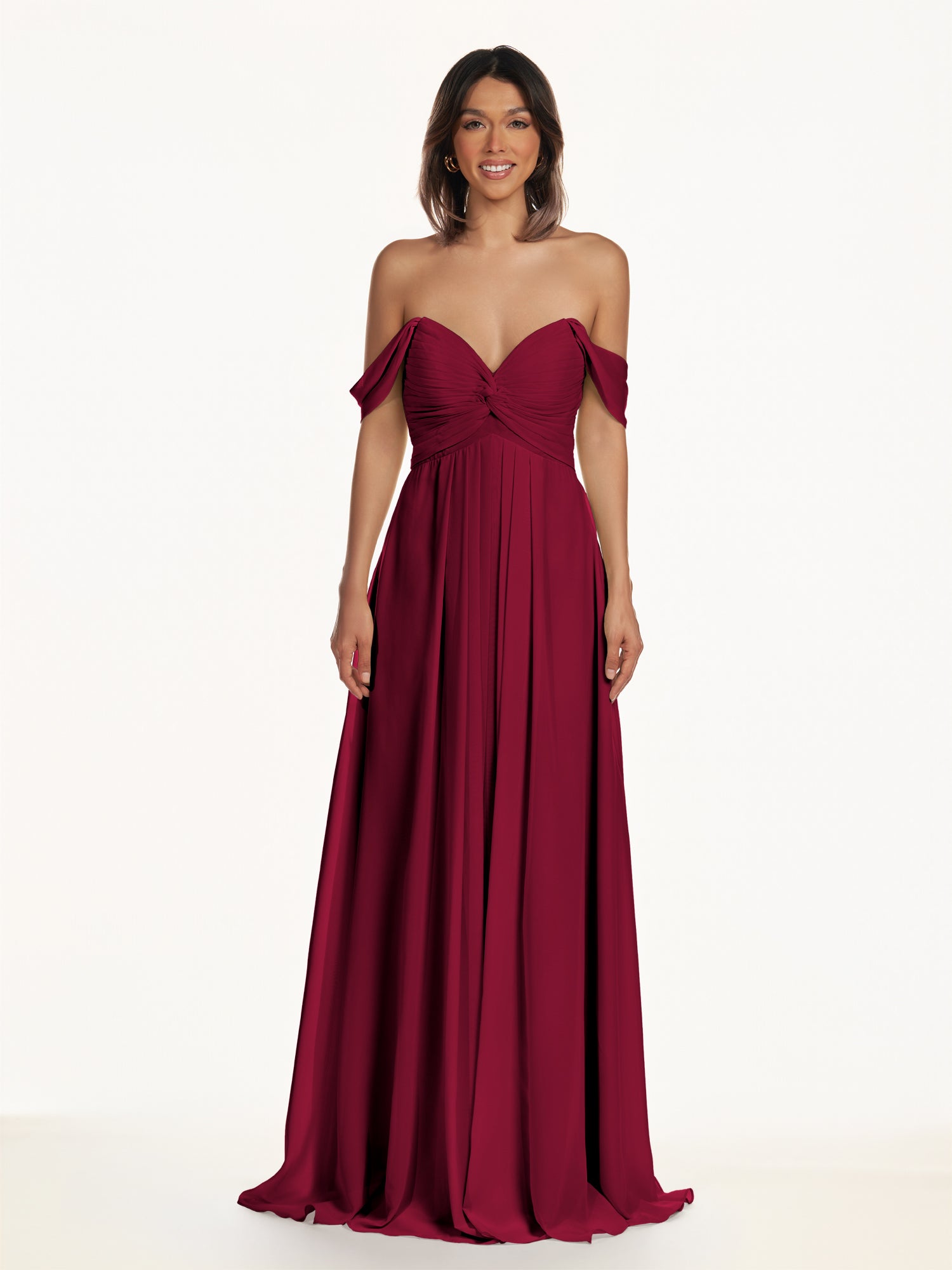 KissDress-Breona Berry A Line Chiffon Off the Shoulder Twisted Long Bridesmaid Dress