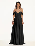 KissDress-Breona Black A Line Chiffon Off the Shoulder Twisted Long Bridesmaid Dress