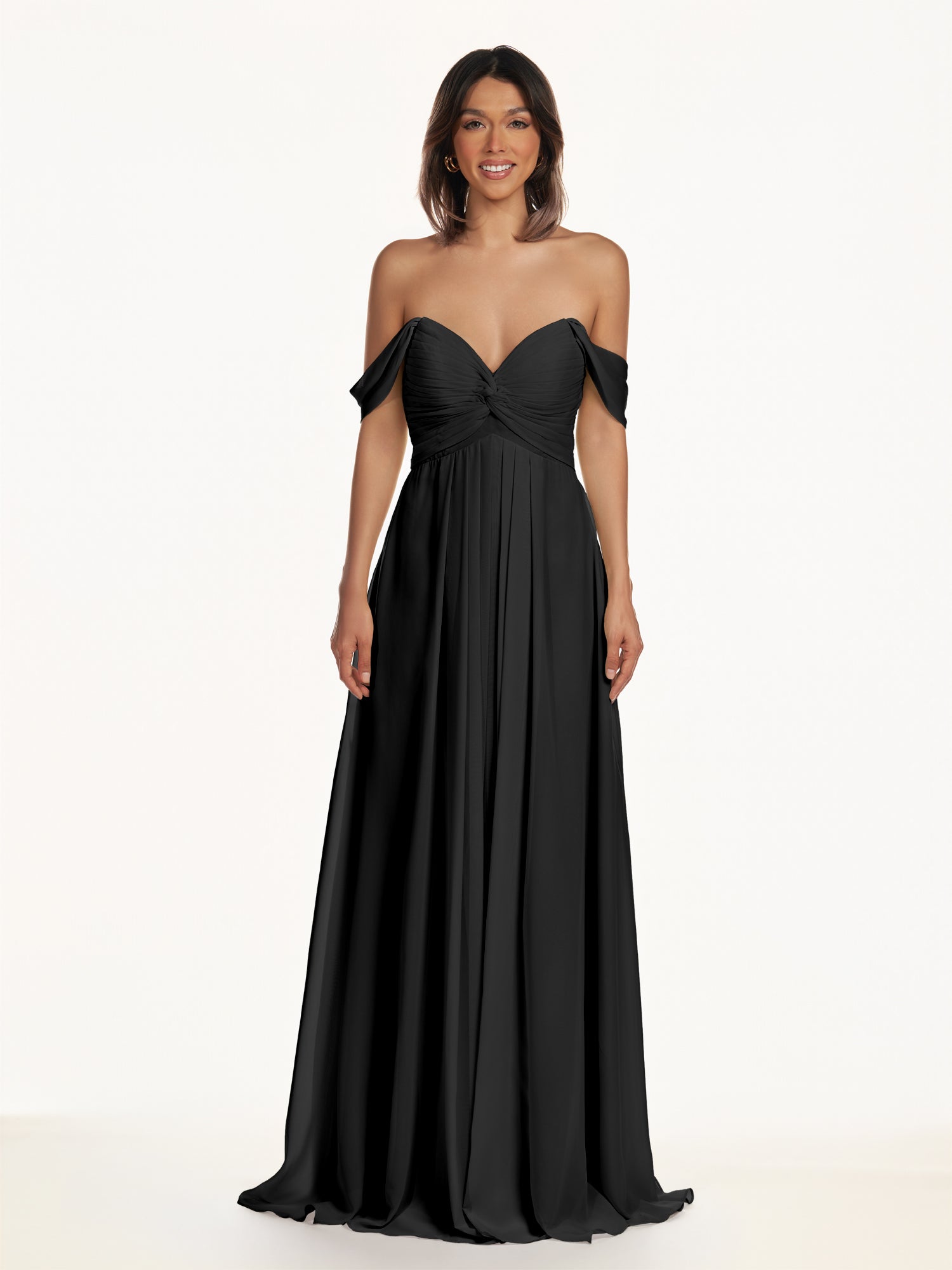 KissDress-Breona Black A Line Chiffon Off the Shoulder Twisted Long Bridesmaid Dress