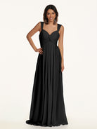 KissDress-Breona Black A Line Chiffon Off the Shoulder Twisted Long Bridesmaid Dress