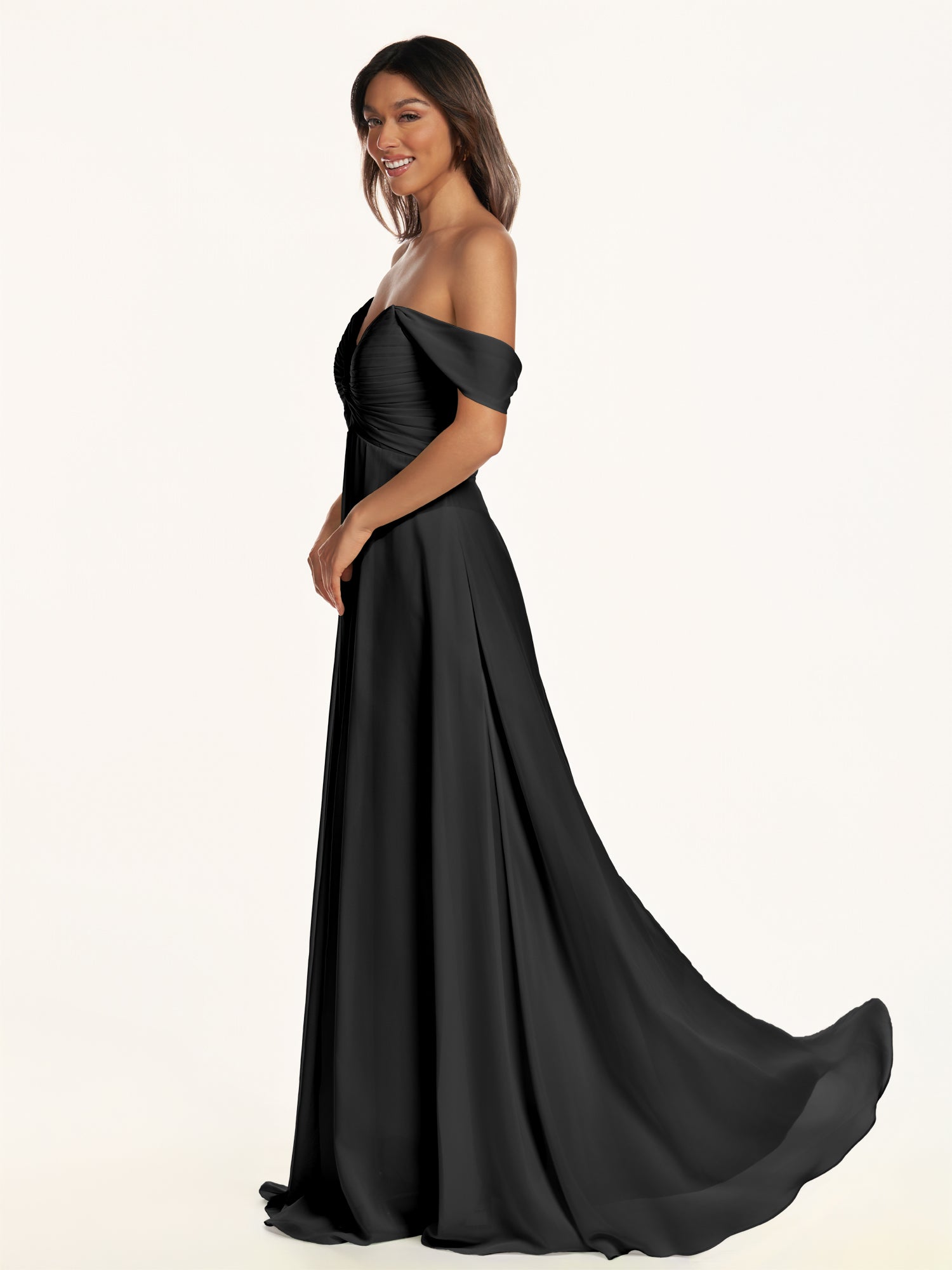 KissDress-Breona Black A Line Chiffon Off the Shoulder Twisted Long Bridesmaid Dress